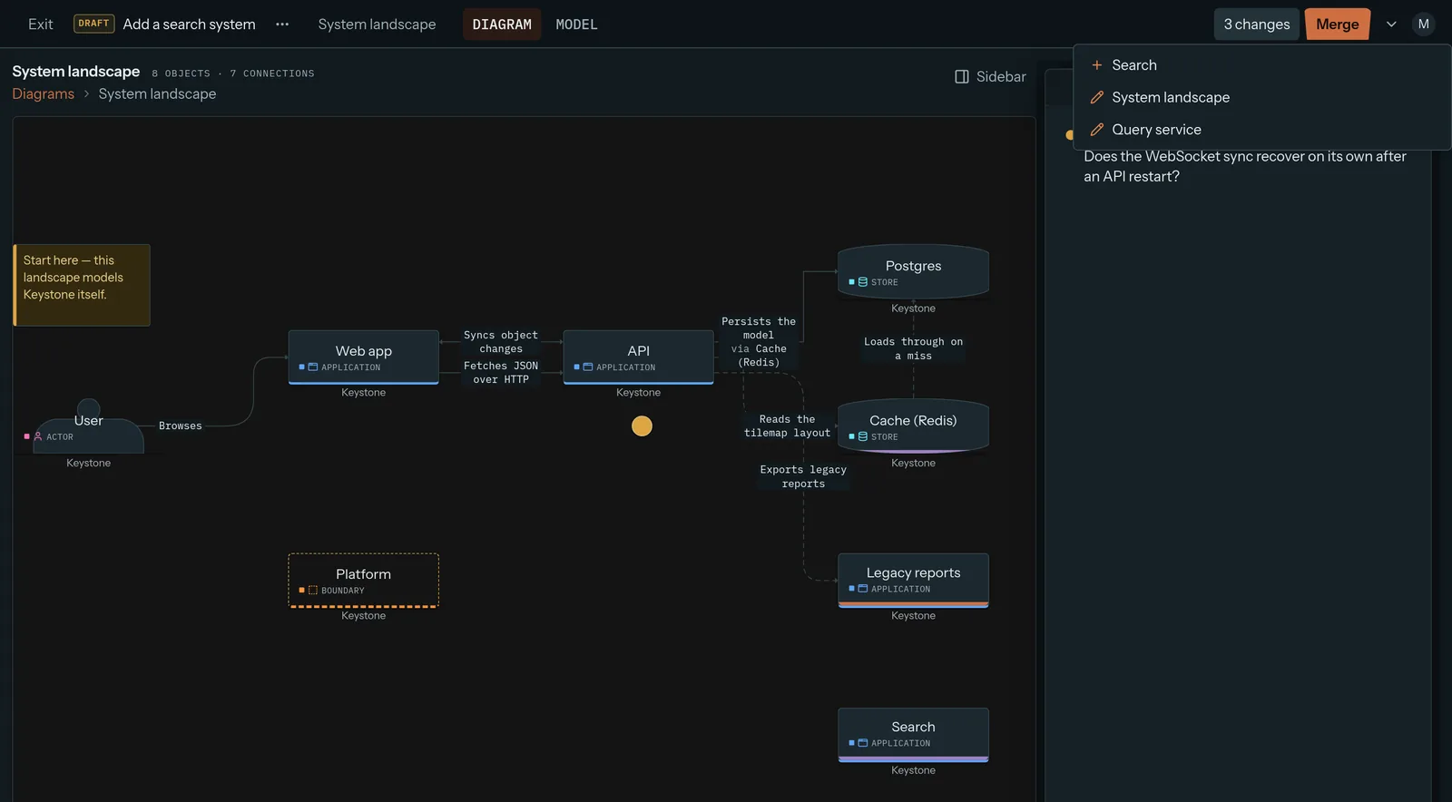 A Keystone draft named Add a search system, listing 3 changes next to a Merge button