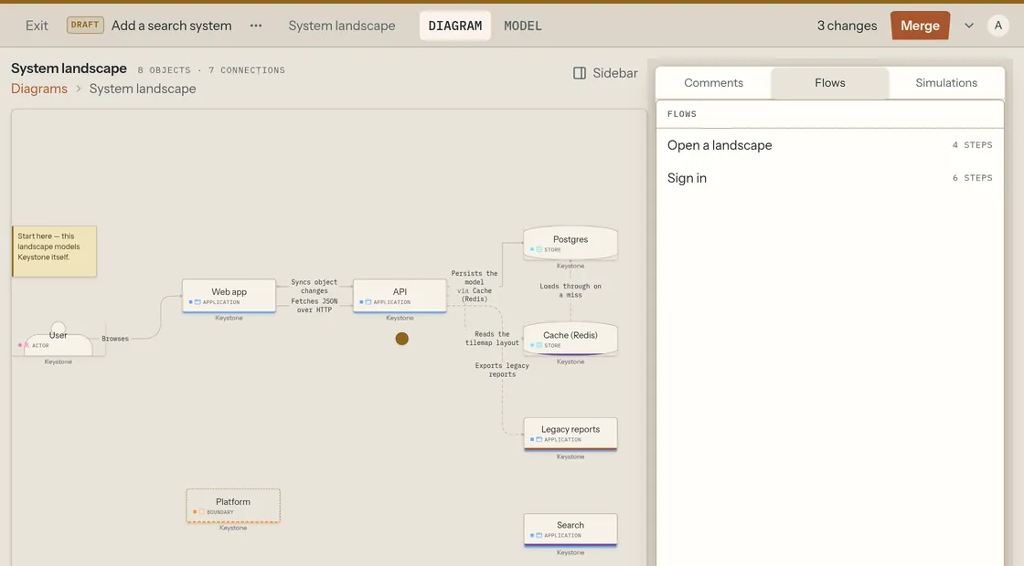 Keystone draft editor for Add a search system, with 3 changes and a Merge button
