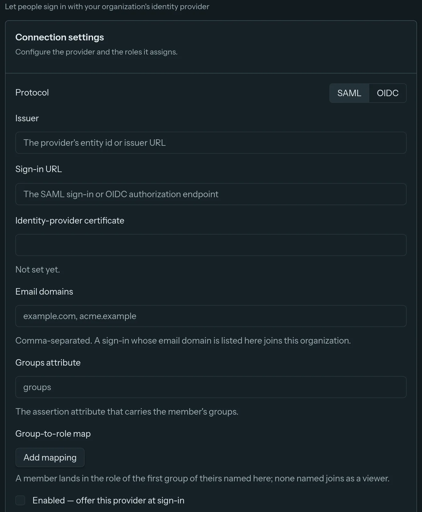 Keystone identity provider settings with SAML and OIDC, email domains and a group-to-role map