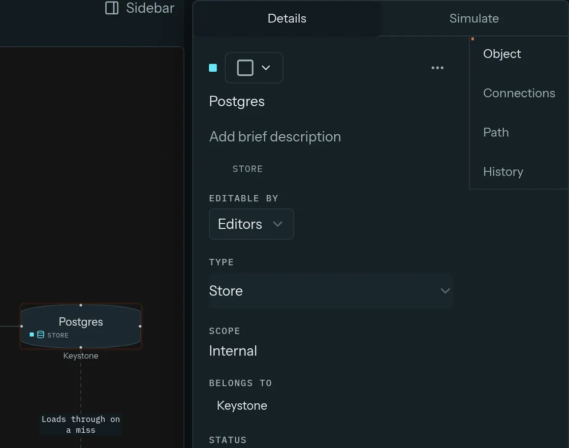 Keystone object panel for Postgres, showing its type, scope, parent and status