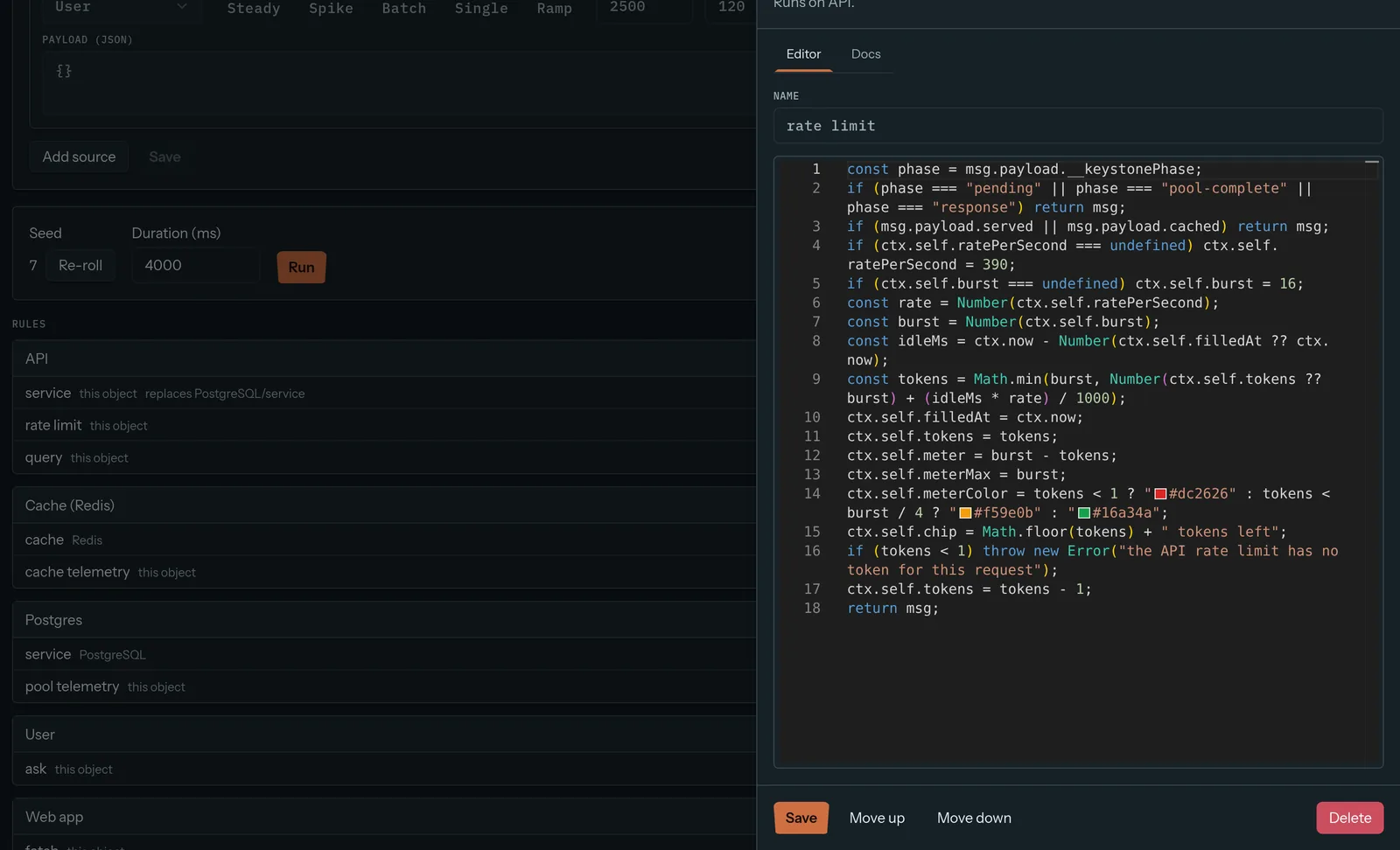 Keystone rule editor showing a JavaScript rate limit rule for the API, next to the rules on each object