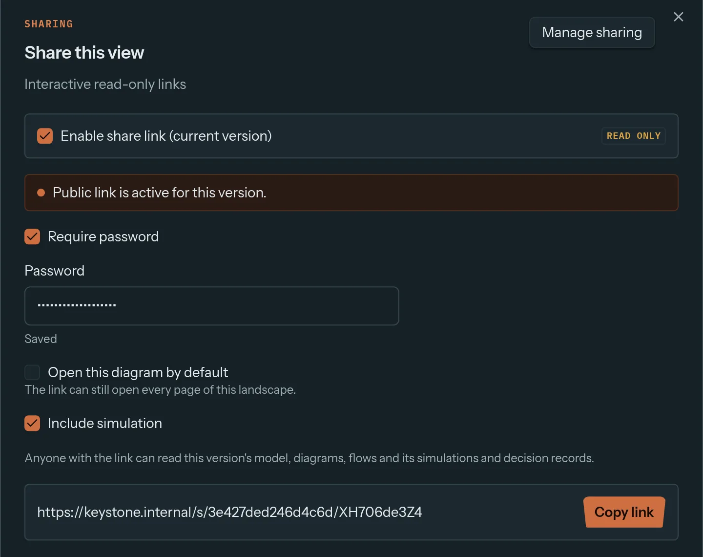 The Keystone share dialog with a password-protected, read-only link that includes simulations